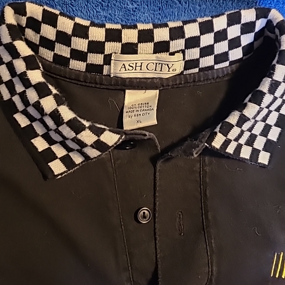 Nascar Mens XL Blacked Chekered Collar & Hem Short Sleeve Polo Ash City Tag - Picture 2 of 6
